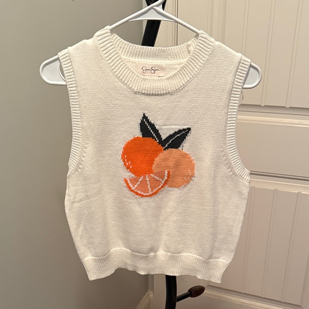 Jessica Simpson White Sleeveless Sweater with Orange Design